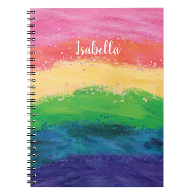 Cuaderno Arcoíris de purpurina personalizado femenino (Frente)