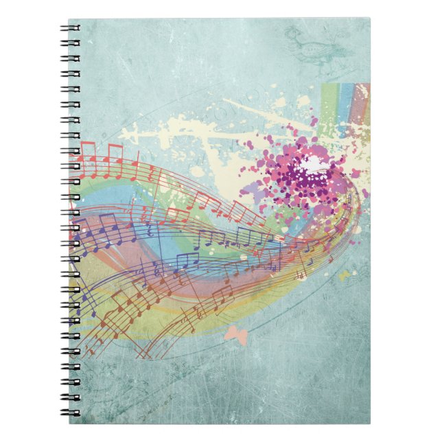 Cuaderno Arcoiris retro y notas musicales sobre una textura (Frente)