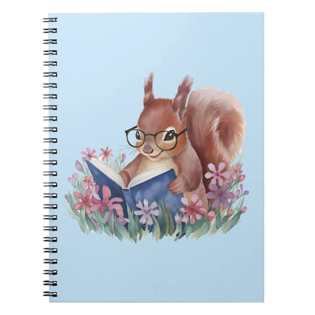 Cuaderno Ardilla leyendo un libro, arrellanada entre flores (Frente)