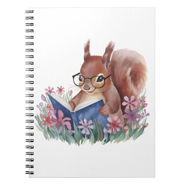 Cuaderno Ardilla Leyendo Un Libro, Enclavada En Flores (Frente)