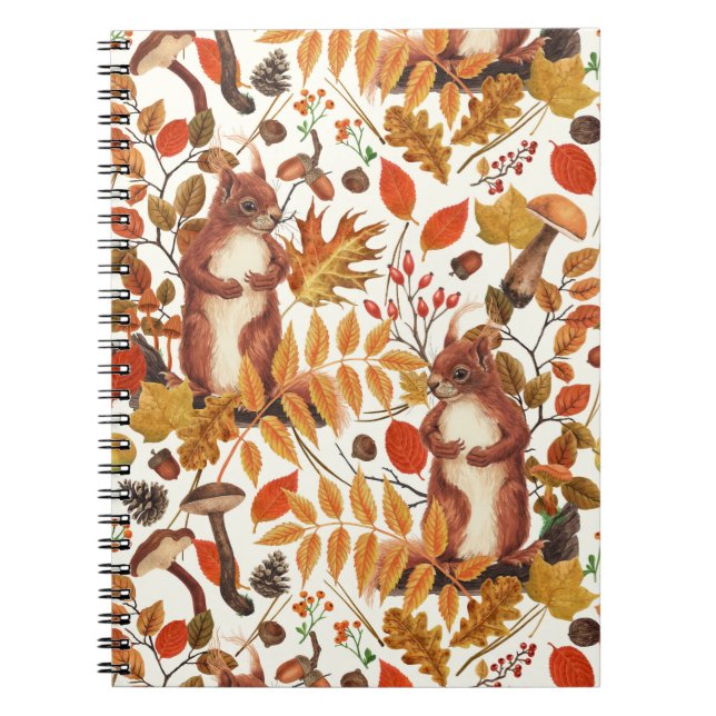 Cuaderno Ardillas otoñales y flora otoñal en blanco roto (Frente)