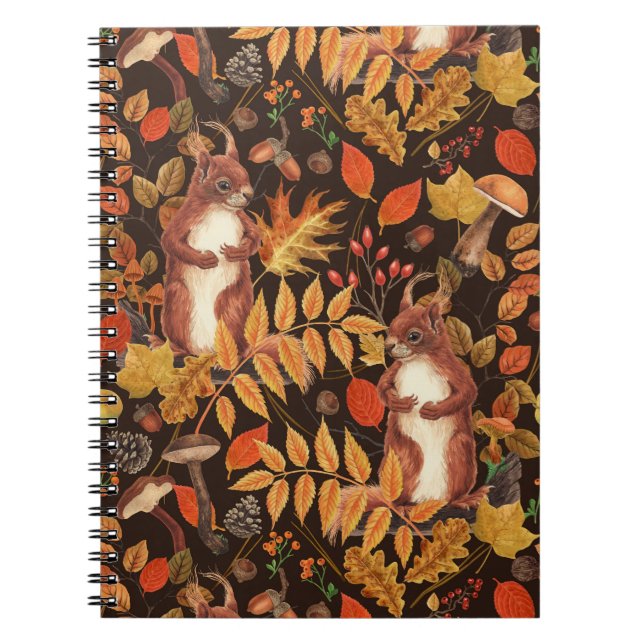Cuaderno ardillas y flora otoñales en marrón oscuro (Frente)