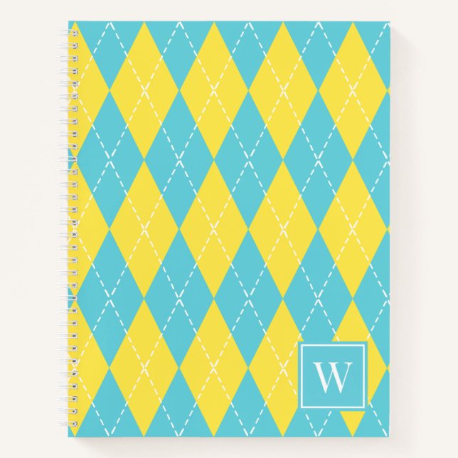 Cuaderno Argyle Cosido a Mano Elegante – Amarillo y Turques (Anverso)
