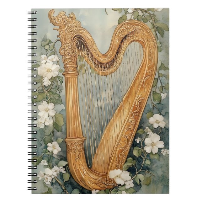 Cuaderno arpa ornamental rodeada de flores blancas (Frente)