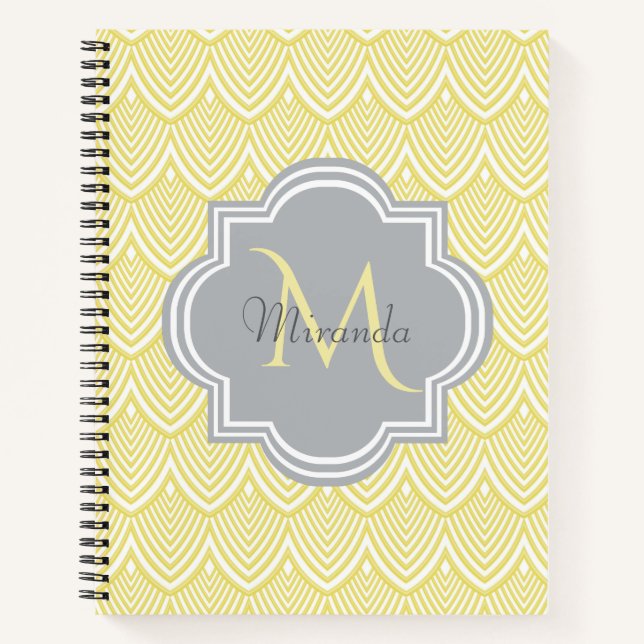 Cuaderno art déco amarillo elegante con vieiras y  (Anverso)