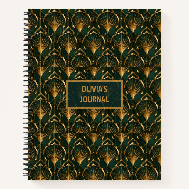 Cuaderno Art Deco Emerald Green Gold Custom Name Monogram (Anverso)