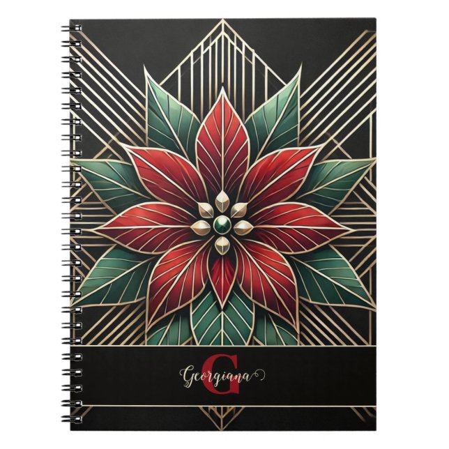 Cuaderno Art Decó Floral Retro Personalizado Poinsettia (Frente)