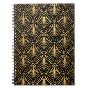 Cuaderno Art Deco, oro negro, patrón sin costuras.
