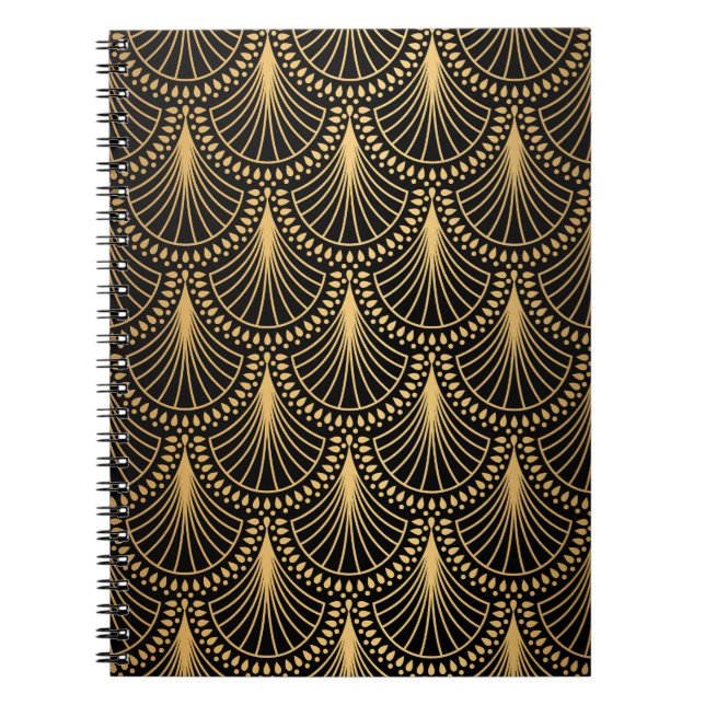 Cuaderno Art Deco, oro negro, patrón sin costuras. (Frente)