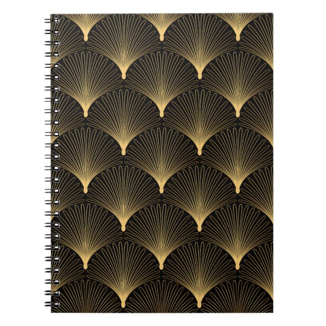 Cuaderno Art Deco: patrón oro negro. (Frente)