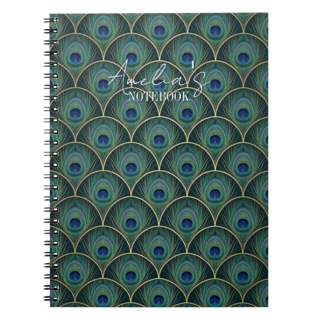 Cuaderno Art Deco Peacock Feather Pattern in Teal & Gold (Frente)