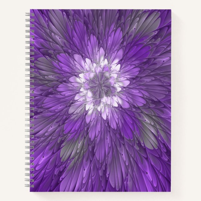 Cuaderno Arte abstracto fractal de flor púrpura psicodélico (Anverso)