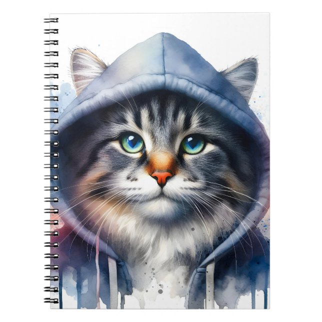 Cuaderno Arte acuarela Tabby Cat en una plataforma de hoodi (Frente)