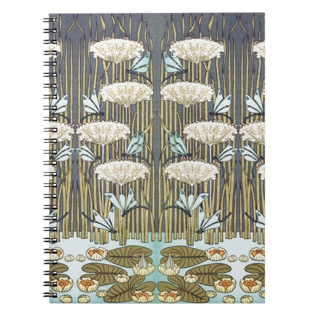 Cuaderno Arte Antiguo de Libélula y Lirio en Verde Salvia (Frente)