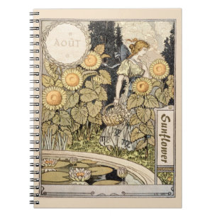 Cuaderno Arte Antiguo Nouveau Jardín de Girasoles Mujer Gra