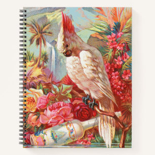 Cuaderno Arte Botánico Vintage de Cacatúa Tropical y Rosa