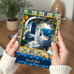 Cuaderno Arte de azulejos de cítrico mediterráneo azul sici