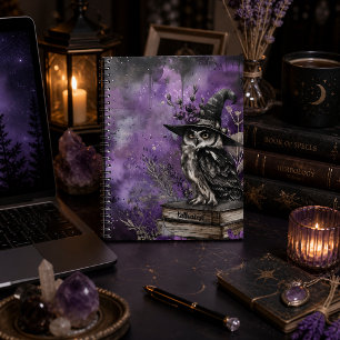 Cuaderno Arte de Búho Místico Purpura con Nombre Personaliz