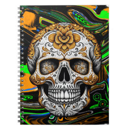 Cuaderno Arte de cráneo de azúcar naranja negro y verde lim