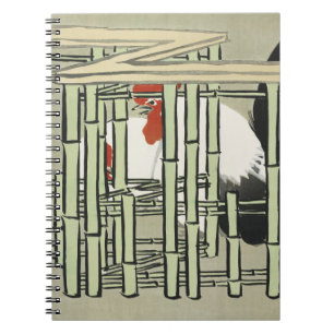 Cuaderno Arte de gallo japonés vintage detrás de una cerca