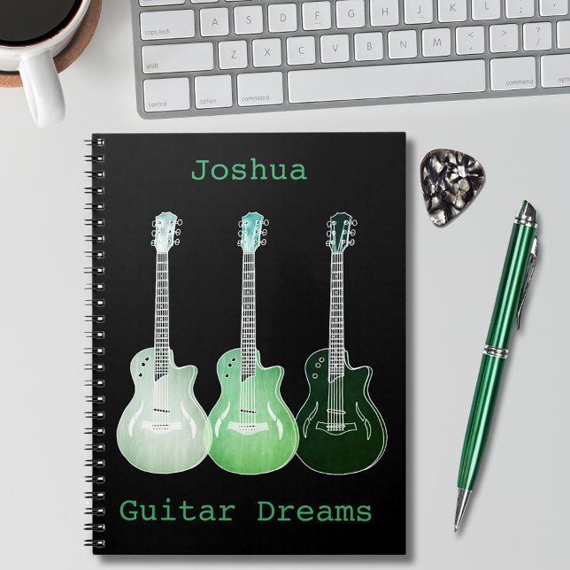 Cuaderno Arte de guitarra agrega Nombre Sondeo negro verde (guitar illustrations on black green pop art personalized notebook guitarist musician songwriting )