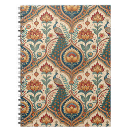 Cuaderno Arte de hermoso pavo real y patrón floral indio