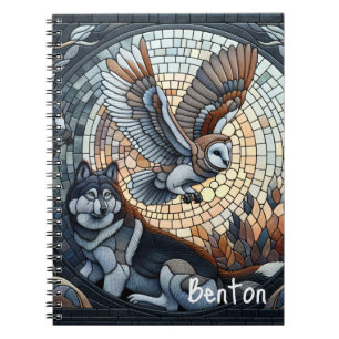 Cuaderno Arte de IA de mosaico de búho y lobo personalizado