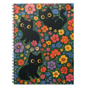Cuaderno Arte de jardín Kawaii Patrón floral de gato negr