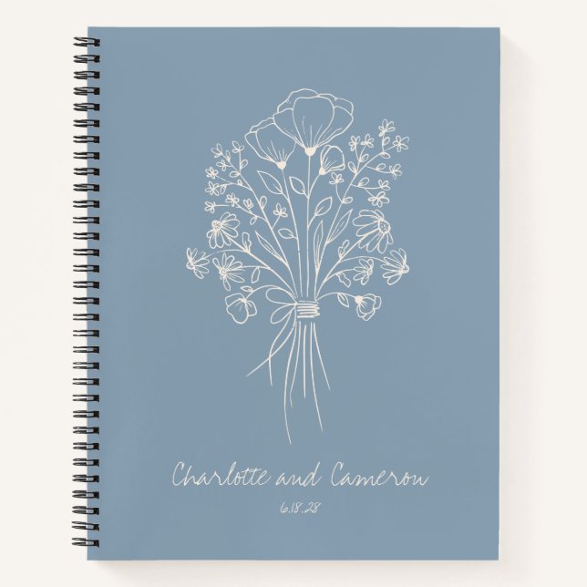 Cuaderno Arte de línea de flores boho personalizado boda az (Anverso)