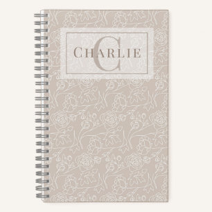 Cuaderno Arte de Línea Floral Beige, Monograma Personalizad