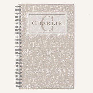 Cuaderno Arte de Línea Floral Beige, Monograma Personalizad
