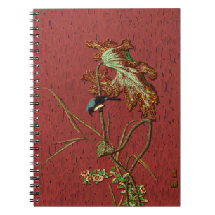 Cuaderno Arte de Loto de Pájaro Japonés Rojo Antiguo G.A. A