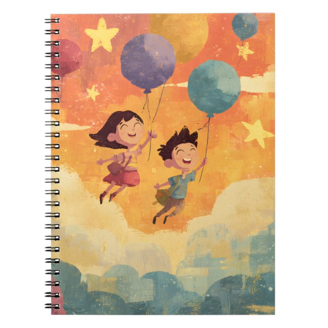 Cuaderno Arte de niños alegres flotando con globos y estrel (Frente)