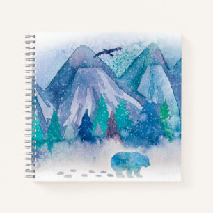Cuaderno Arte de paisaje montañoso invernal en acuarela azu