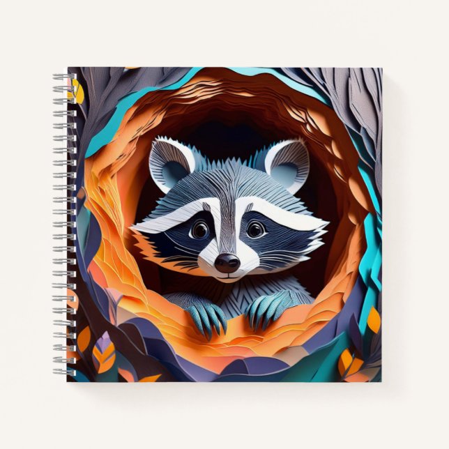 Cuaderno Arte de Papel Mapache Bebé en Árbol 3D (Anverso)