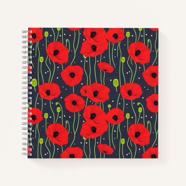 Cuaderno Arte de patrón de amapolas rojas modernas vibrante (Anverso)