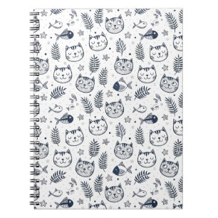 Cuaderno Arte de patrón de hojas tropicales y cara de gato