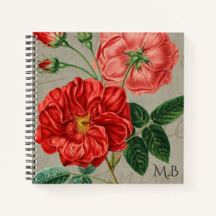 Cuaderno Arte de rosa roja antigua sobre monograma gris