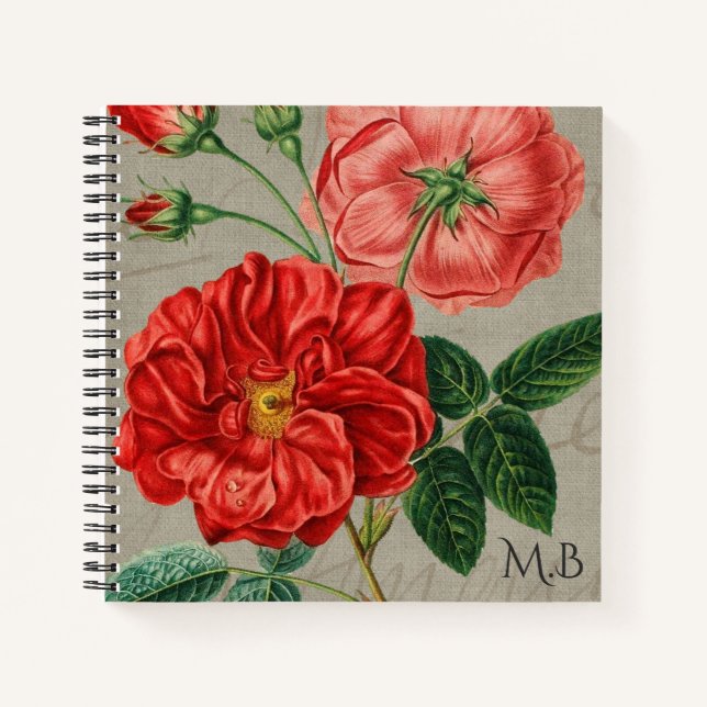 Cuaderno Arte de rosa roja antigua sobre monograma gris (Anverso)