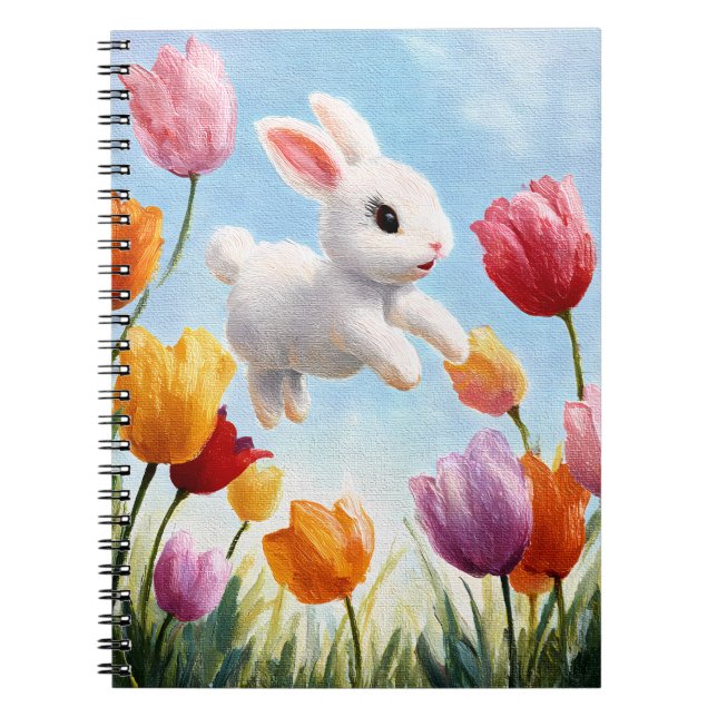 Cuaderno Arte de Tulipán Primaveral de Conejo Blanco Feliz (Frente)