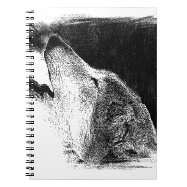 Cuaderno Arte de un lobo gris en blanco y negro (Frente)