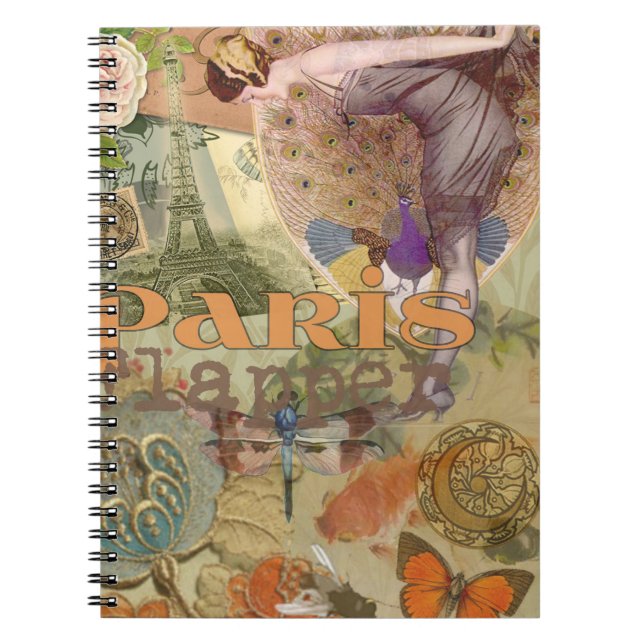 Cuaderno Arte Deco Collage de Pavo Real Flapper de París Vi (Frente)