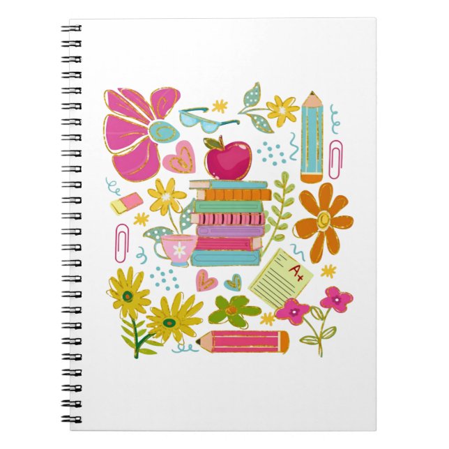 Cuaderno Arte Doodle de Profesora Linda – Libros, Flores y  (Frente)