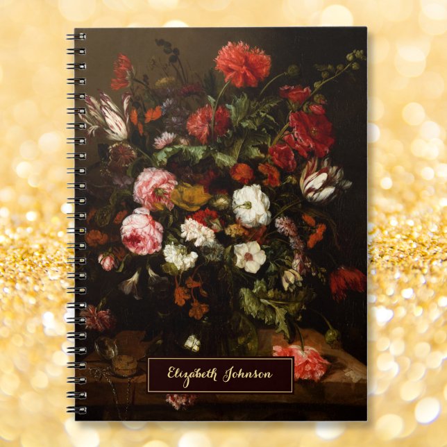 Cuaderno Arte Floral Antiguo con Nombre Personalizado en Mo (Vintage Floral Art Custom Name Gold Monogrammed Notebook)