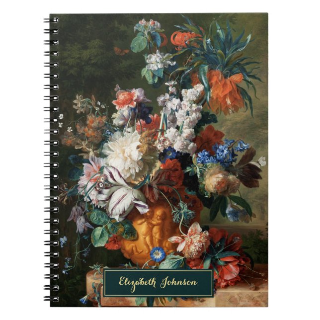 Cuaderno Arte Floral Antiguo Dorado con Monograma de Nombre (Frente)