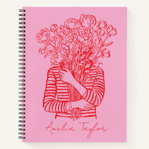 Cuaderno Arte Floral Rosa Rojo Doodle Personalizado Moderno