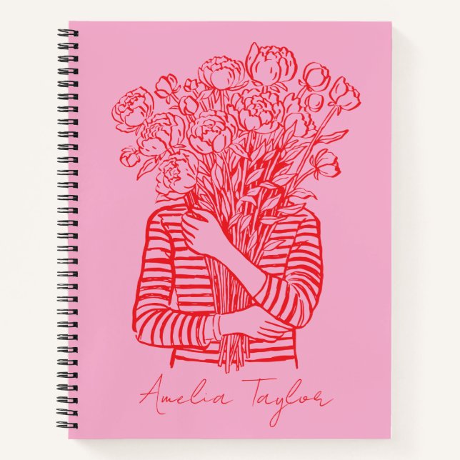Cuaderno Arte Floral Rosa Rojo Doodle Personalizado Moderno (Anverso)
