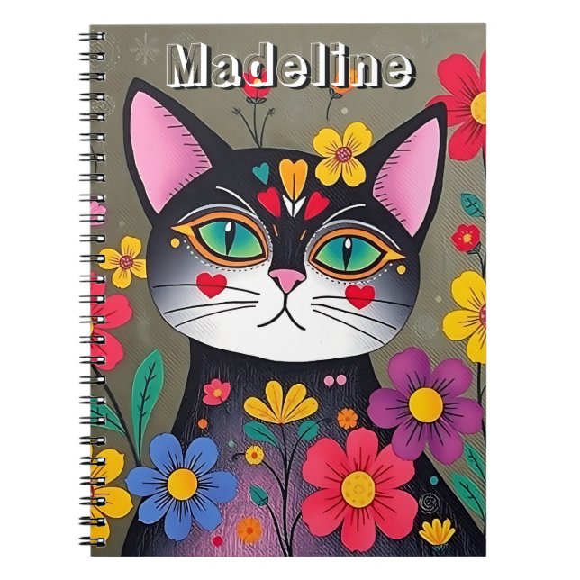 Cuaderno Arte folclórico lindo gato negro y flores personal (Frente)
