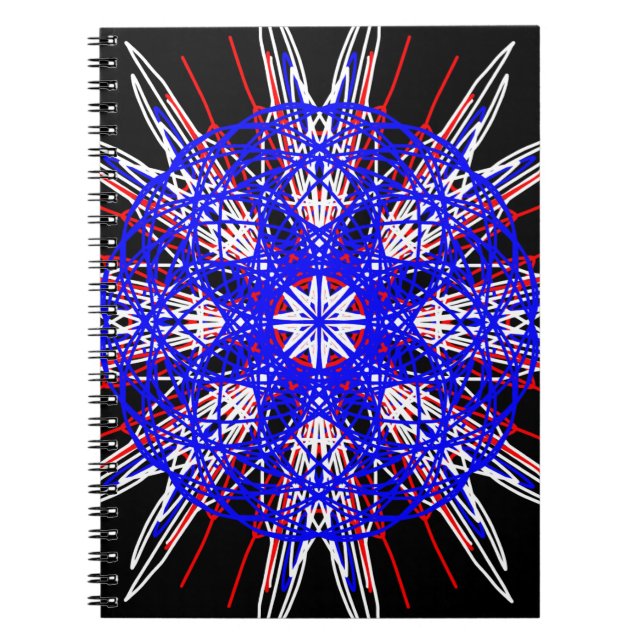 Cuaderno arte kaleidoscope mandala azul rojo negro (Frente)