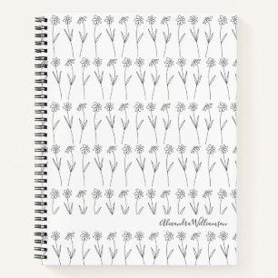 Cuaderno Arte lineal floral lindo personalizado en blanco y